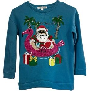 Girls Ugly Christmas sweater Tropical Flamingo Santa Sweater. M 8. Pink, Blue